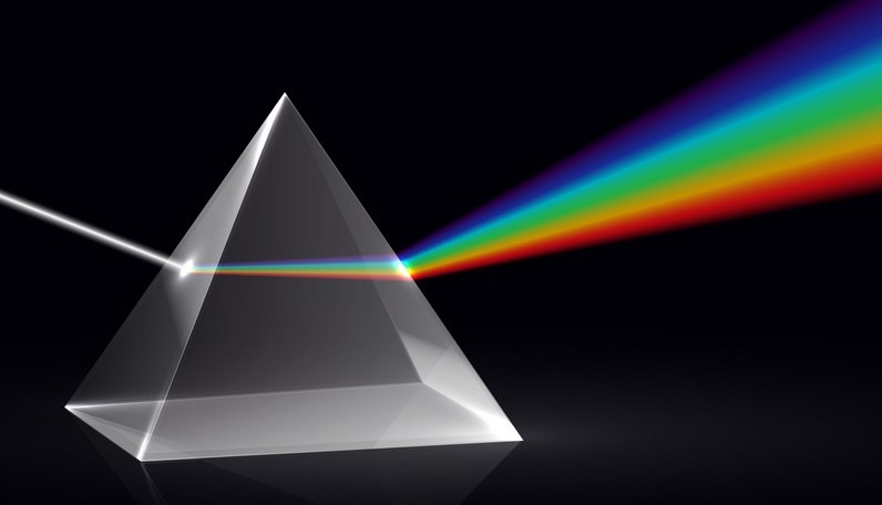 Light rays in prism. Ray rainbow spectrum dispersion optical effect in glass prism. Educational physics vector background